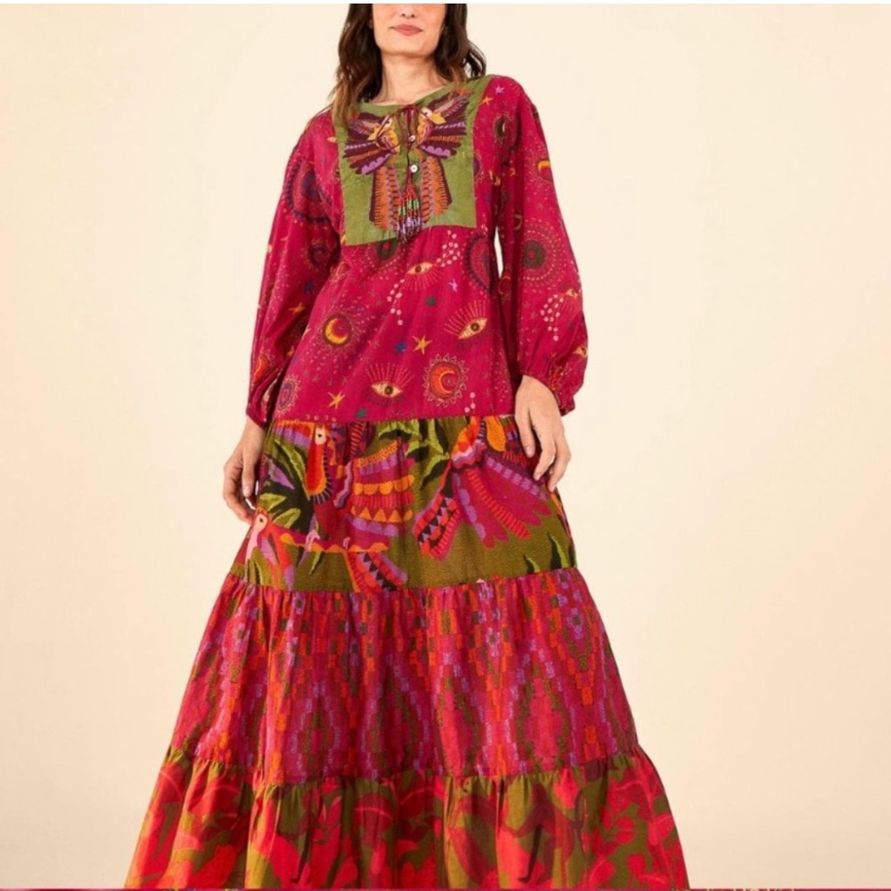 Farm Rio Mixed Prints Embroidered Yoke Maxi